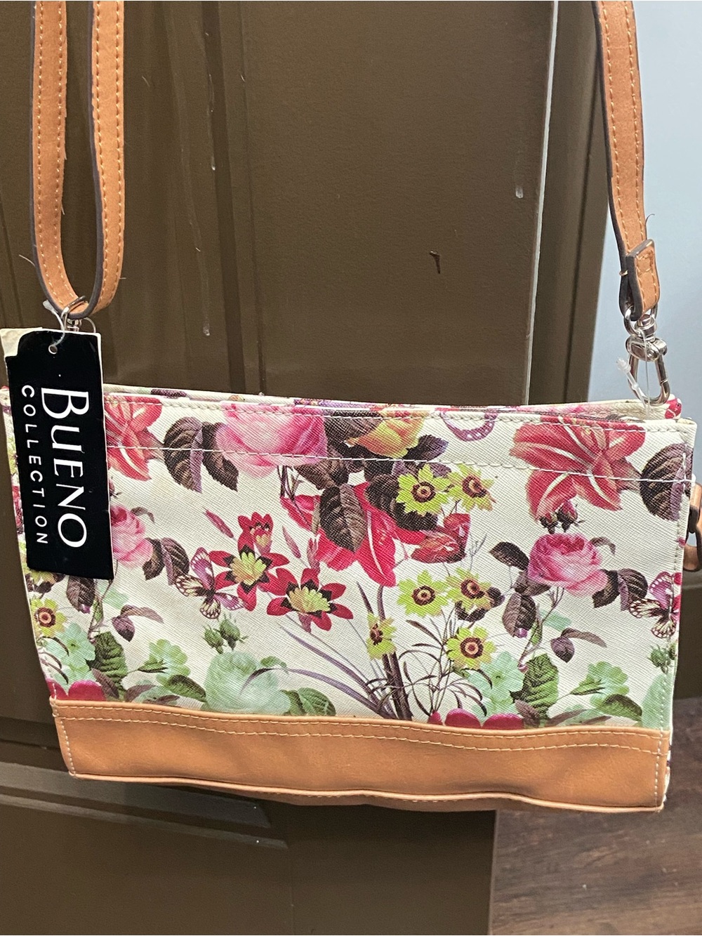 Bueno Floral Crossbody Bag in Cream and Brown Trim - Picture 3 of 7